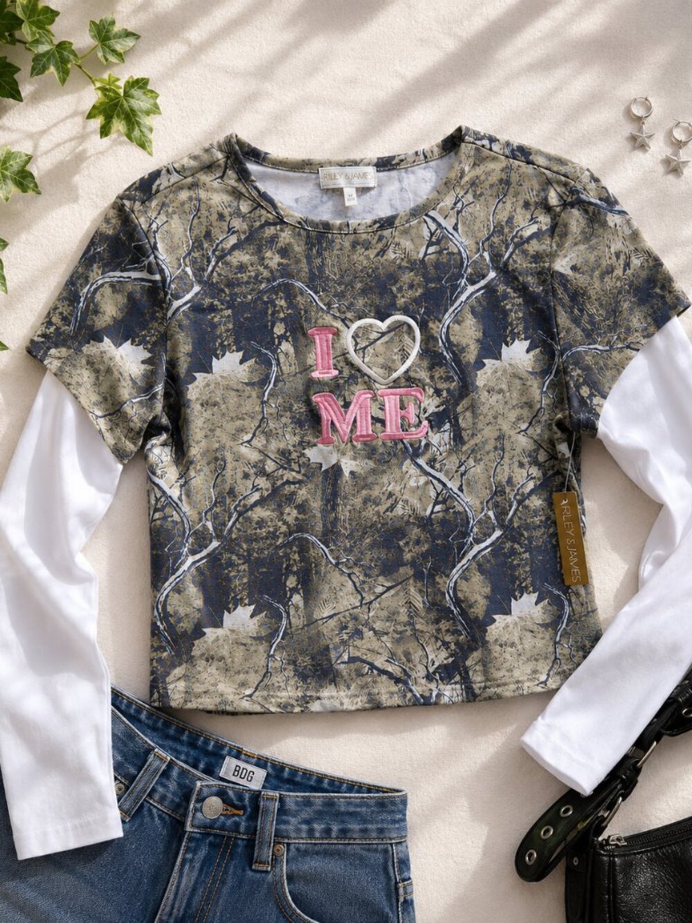 Riley+James Camo Layered long Sleeve Top NWT Medium Pink Embroidered: I Heart Me
